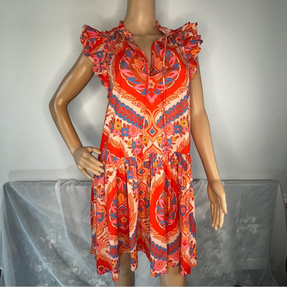 Love The Label Edith Dress Orange Pastel Ruffle-Sleeve Midi Small